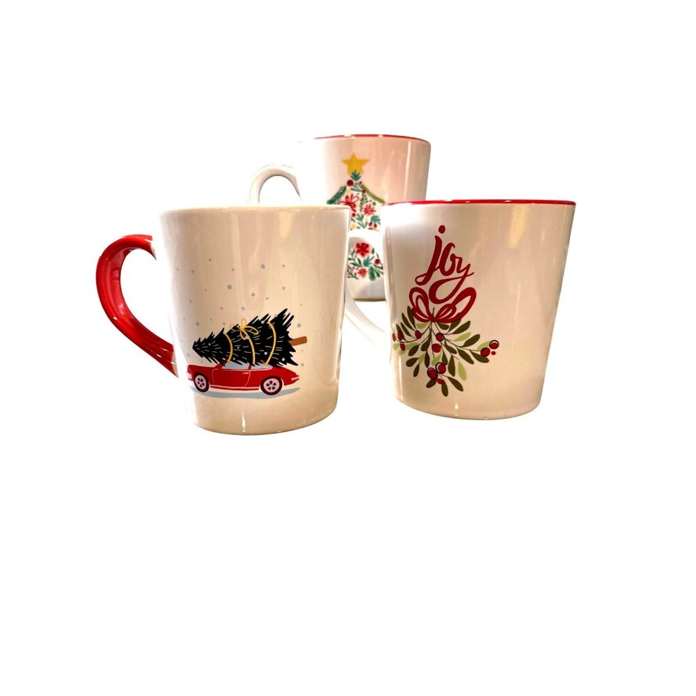 Christmas Ceramic Mug Set Red Interior Holiday Coffee Cups Joy Tree Car Design - Picture 4 of 10